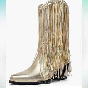 Womens Fringe Metallic Cowboy Boots Tassel Mid Calf Boots Gold size 11